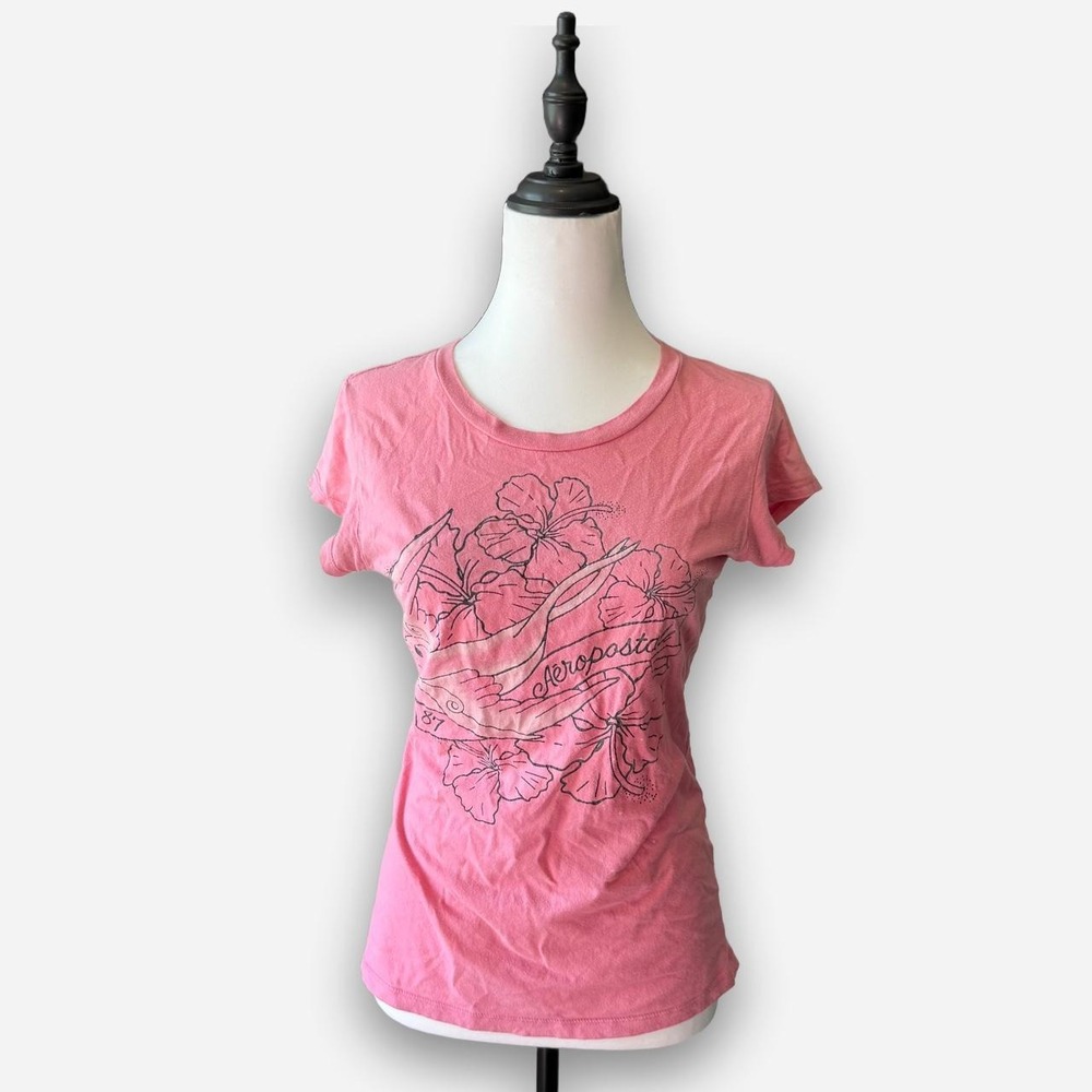 Vintage Aeropostale Pink Swallow Flower Graphic Baby Tee Y2K Large
